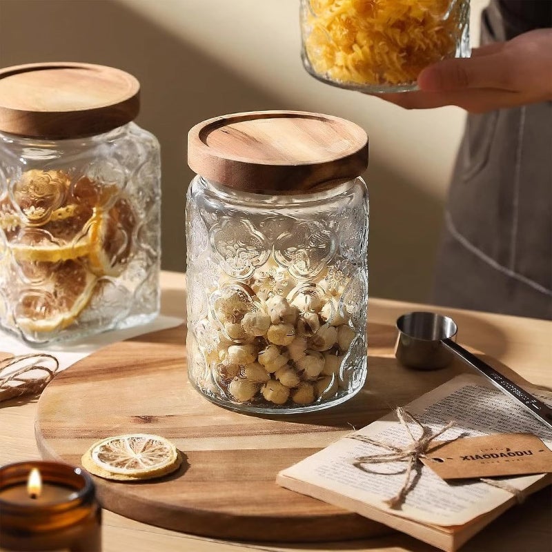 Custde Glass Storage Jars With Airtight Lid, 23.7oz Container For Kitchen Counter with Wooden Lid, brown sugar, candy, coffee, cookie, salt, tea, cute Jar (Begonia Flowers*1) - Image 4